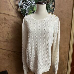Ralph Lauren White Cable Knit Sweater with Shoulder Buttons